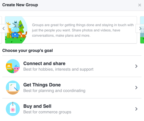 For at oprette en Facebook-gruppe med fokus på at opbygge et fællesskab skal du vælge Opret forbindelse og del.