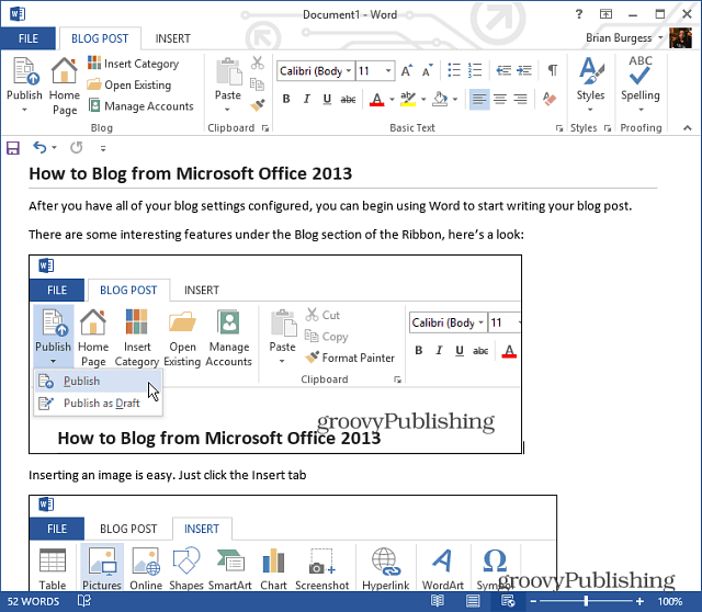 Sådan opretter og udgiver blogindlæg fra Word 2013 eller 2016