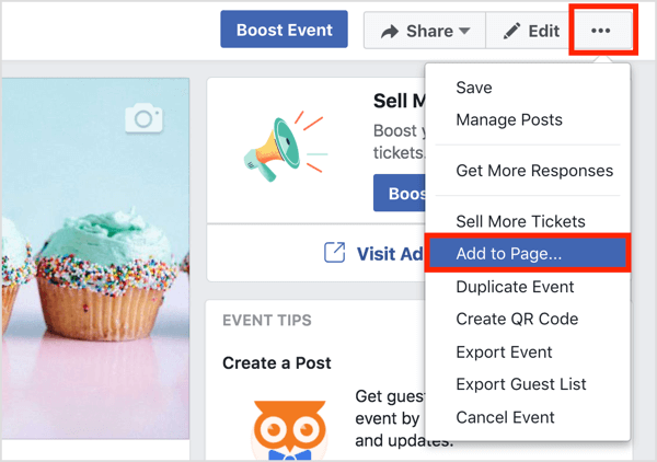 Klik på knappen tre prikker øverst på Facebook-begivenhedssiden, og vælg Føj til side.