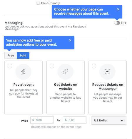 Facebook ser ud til at teste muligheden for at give folk mulighed for at stille spørgsmål via Facebook Messenger, tilføj gratis eller betalt optagelsesmulighed for en begivenhed, og indstil en billetprisklasse, når du opretter en Facebook-begivenhed Side.