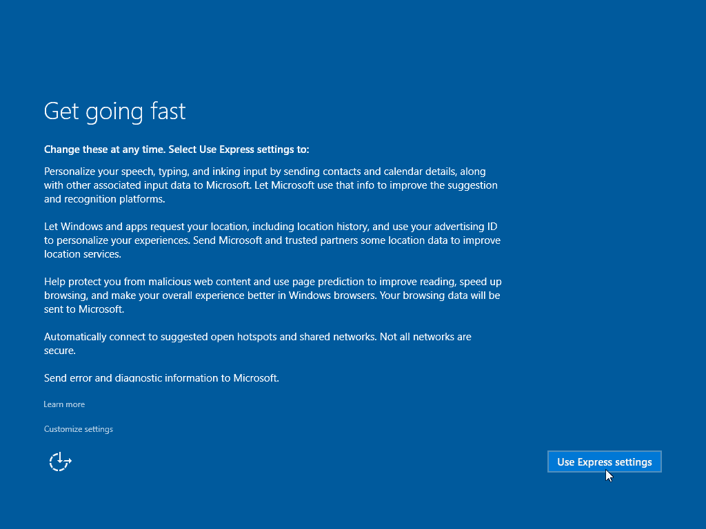 13 Brug af Express-indstillinger Windows 10 Clean Install