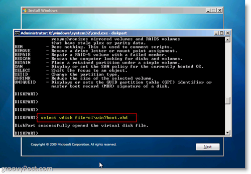 Windows 7 Native VHD Installer Dual Boot Vælg VHD fra CMD Prompt