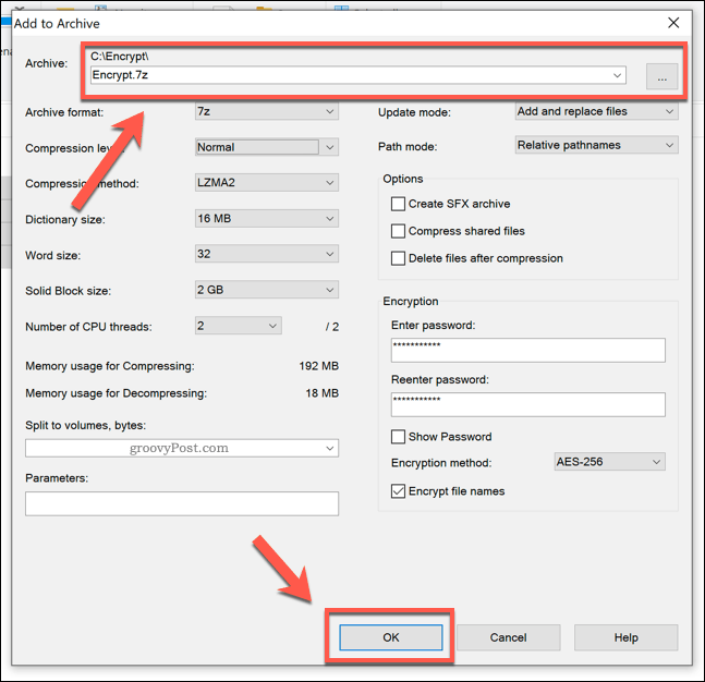 Oprettelse af et 7zip-arkiv i Windows 10