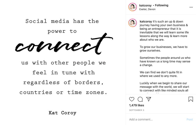 eksempel på et instagram-citatindlæg med tekst primært i blokskrifttype med et par ord i scripttekst for at fremhæve det
