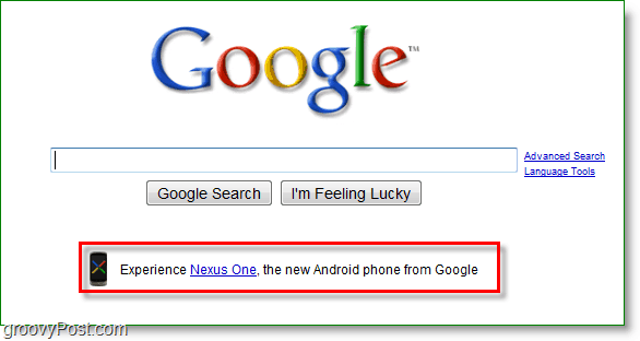 Nexus one, der annonceres på google-startsiden.
