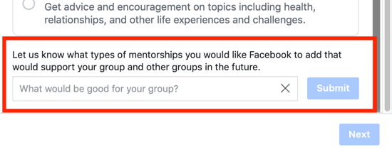 Sådan forbedres dit Facebook-gruppesamfund, mulighed for at foreslå en mulighed for gruppementorskabskategori til Facebook