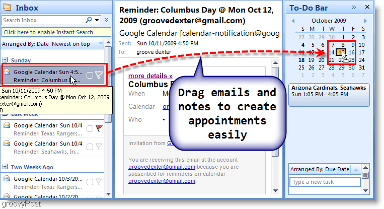Opgavelinjen i Outlook 2007 - Træk e-mail til kalenderen