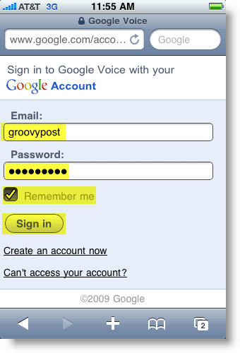 Google Voice Mobile Logon Page