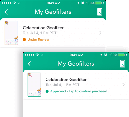 Når dit Snapchat geofilter er godkendt, vises dets status som godkendt på My Geofilters-skærmen.