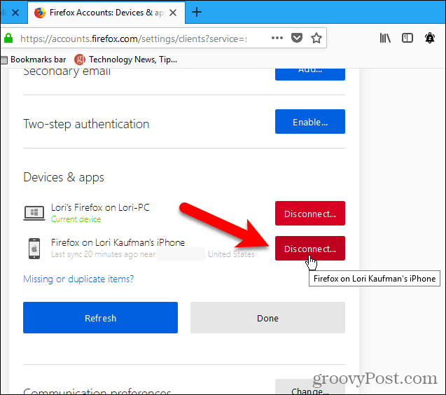 Frakobl en enhed ved hjælp af Firefox til Windows