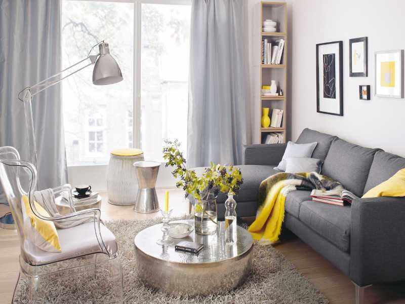grå gul stue dekoration