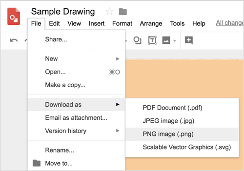 Vælg Filer> Download som> PNG-billede (.png) for at downloade dit Google Drawings-design.