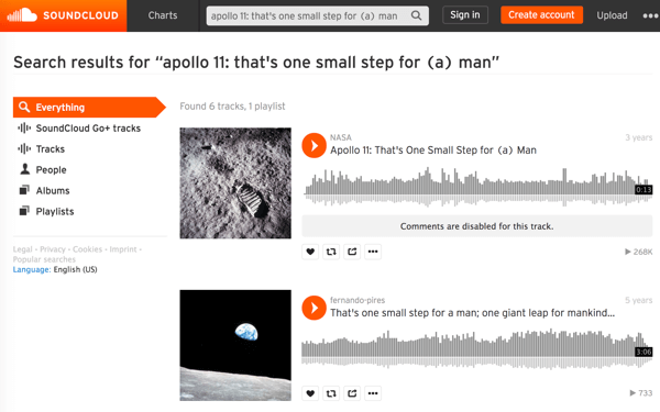 Søg på NASAs mediefiler på SoundCloud for at finde og downloade lyden af ​​ikoniske historiske øjeblikke som den første gåtur på månen.