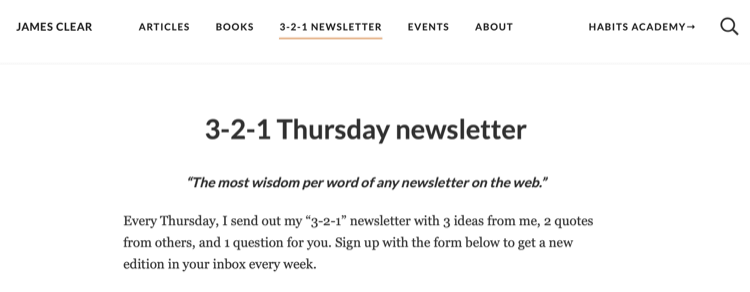 James Clear 3-2-1 nyhedsbrevsside på hjemmesiden