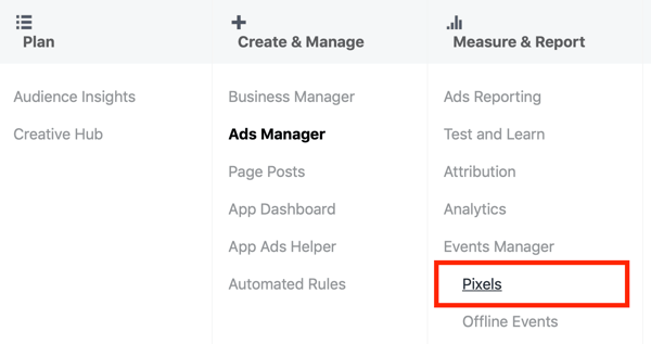 Brug Google Tag Manager med Facebook, trin 3, menupunkt for Pixels under Ads Manager