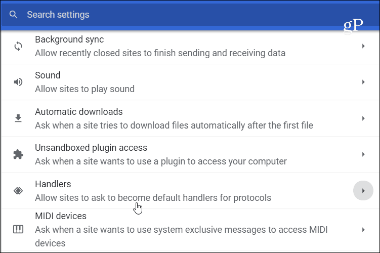 Chrome Handlers indstillinger