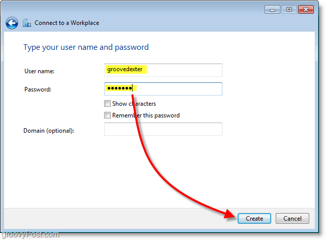 skriv dit brugernavn og din adgangskode, og opret derefter forbindelsen i Windows 7