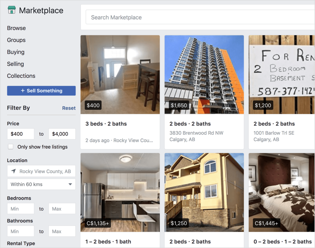 Facebook Marketplace tilbyder udlejningsejendomme til salg.
