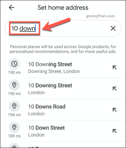 Søger efter en hjemmeadresse i Google Maps mobil