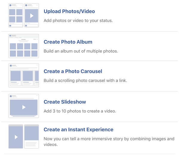 Eksempel på Facebook-billed- og videopostindstillinger.