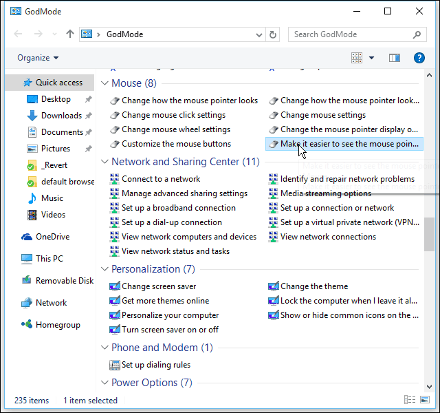 Sådan aktiveres tilstanden Skjult gud i Windows 10