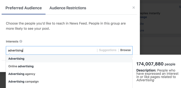 Når du har indtastet en interesse, foreslår Facebook yderligere interessetags til dig.