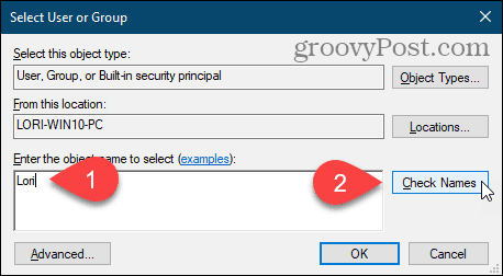Klik på Kontroller navne for at indtaste brugernavnet i dialogboksen Vælg bruger eller gruppe i Windows-registreringsdatabasen