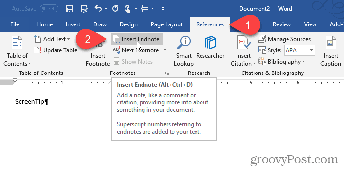 Klik på Endnote i Word