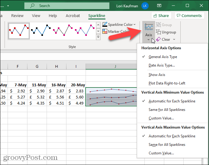 Akseknap på fanen Sparkline i Excel