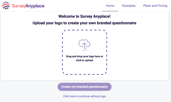 Undersøgelse Anyplace velkomst og logo upload til et mærkespørgeskema.