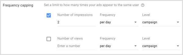 Frekvensbegrænsningsindstillinger for til Google AdWords-kampagne.