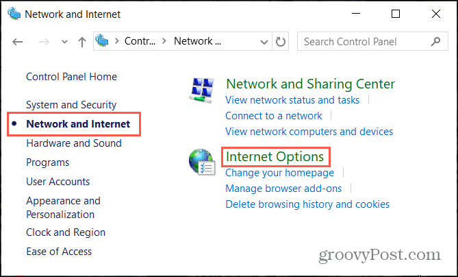 Netværksinternetindstillinger i Windows Kontrolpanel