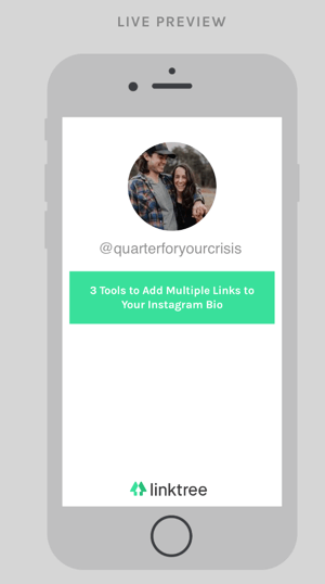 Dit Linktree-dashboard viser et eksempel på den linkside, som folk ser, når de klikker på URL'en i din Instagram-biografi.