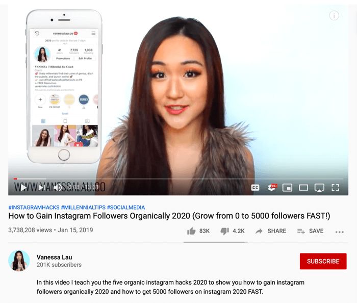 Vanessa Lau YouTube-video om Instagram organiske hacks
