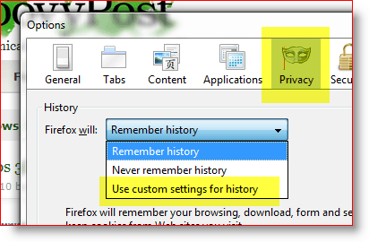 Firefox - brug tilpassede indstillinger til historik
