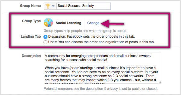 Klik på linket Skift ud for den eksisterende gruppetypeklassifikation, og vælg Social Learning.