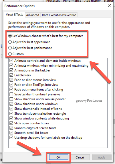 Windows Performance Options-menu