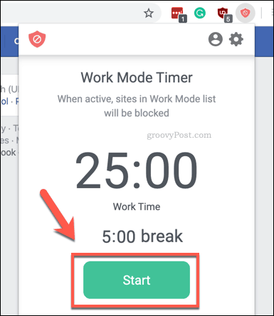 Start af BlockSite Work Mode timer