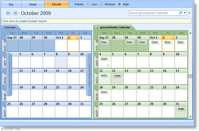 Outlook 2007 side om side-skærmbillede af kalender