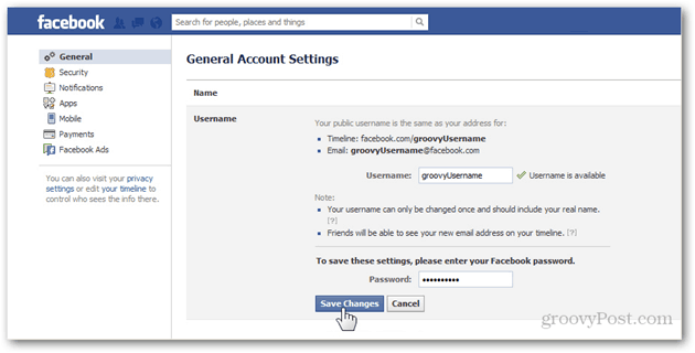 facebook generelle kontoindstillinger præferencer administrere almindeligt brugernavn brugernavn kodeord gemme ændringer bekræfte