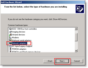 Windows Tilføj hardware-guiden: Netværksadapter