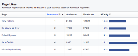 Facebooks Audience Insights giver en liste over sider, som dit publikum måske kan lide baseret på deres interesser. 
