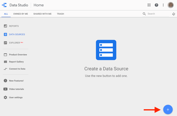 Brug Google Data Studio til at analysere dine Facebook-annoncer, trin 1, mulighed for at oprette en datakilde i Google Data Studio