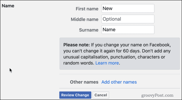 Gennemgå Facebook-navneændringer