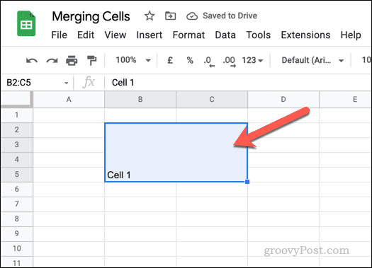 Eksempel på flettede celler i Google Sheets