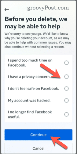 Valg af at slette en Facebook-konto på mobilen