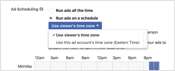 Vælg indstillingen Brug betragterens tidszone til din Facebook-kampagne.
