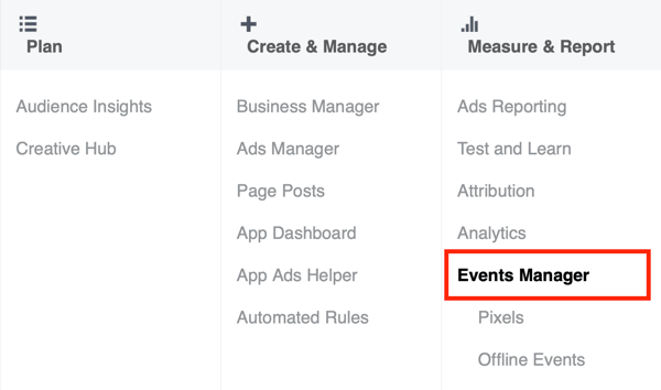 Mulighed for at vælge Events Manager i Facebook Ads Manager.