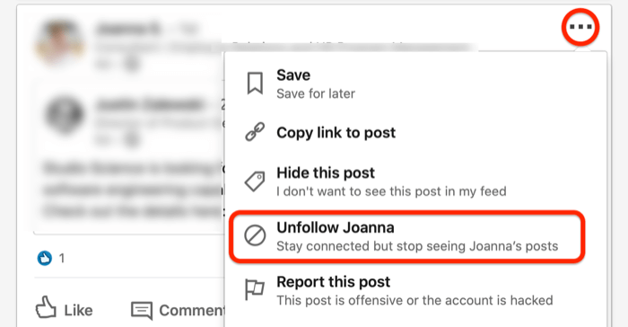 skærmbillede af... rullemenu til et LinkedIn-indlæg med muligheden Følg ikke cirklet i rødt