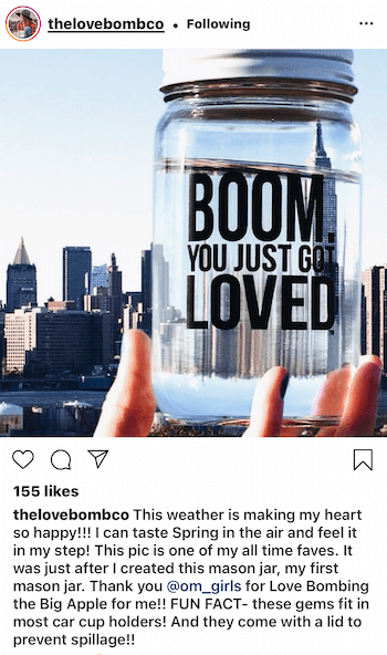 instagram post af @thelovebombco viser brugergenereret indhold af deres produkt fremhævet i new york city